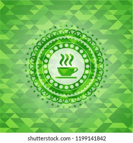  coffee cup icon inside realistic green mosaic emblem