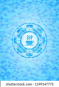coffee cup icon inside realistic light blue emblem. Mosaic background