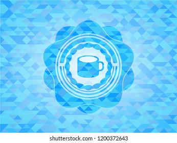 coffee cup icon inside realistic sky blue emblem. Mosaic background