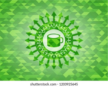 coffee cup icon inside realistic green mosaic emblem