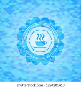 coffee cup icon inside realistic sky blue emblem. Mosaic background