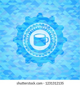 coffee cup icon inside realistic sky blue mosaic emblem