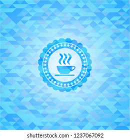 coffee cup icon inside realistic sky blue emblem. Mosaic background