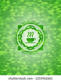 coffee cup icon inside realistic green mosaic emblem