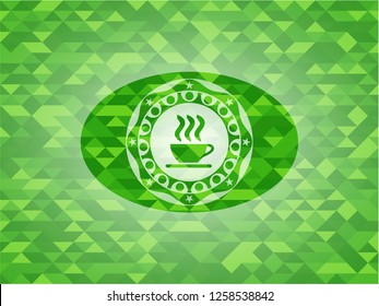 coffee cup icon inside realistic green emblem. Mosaic background
