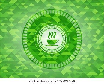 coffee cup icon inside realistic green emblem. Mosaic background