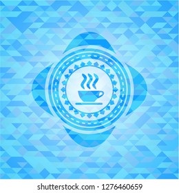 coffee cup icon inside realistic light blue emblem. Mosaic background