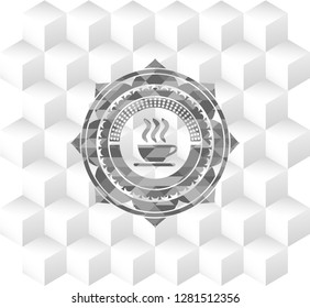 coffee cup icon inside realistic grey emblem with geometric cube white background