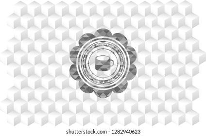 coffee cup icon inside realistic grey emblem with cube white background