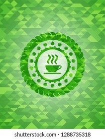 coffee cup icon inside realistic green emblem. Mosaic background