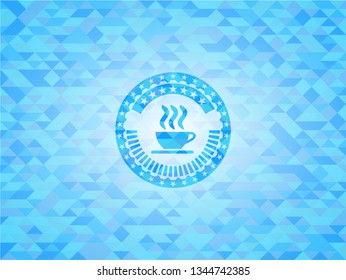 coffee cup icon inside realistic sky blue emblem. Mosaic background
