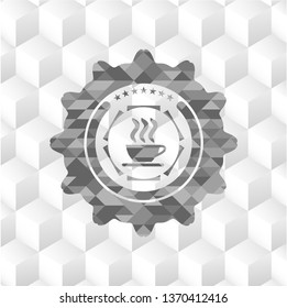 coffee cup icon inside realistic grey emblem with geometric cube white background