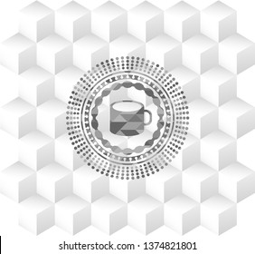 coffee cup icon inside realistic grey emblem with cube white background