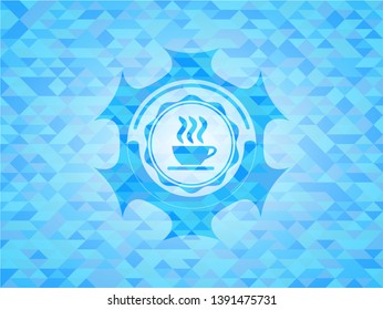 coffee cup icon inside realistic sky blue mosaic emblem