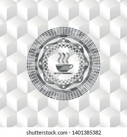coffee cup icon inside realistic grey emblem with cube white background