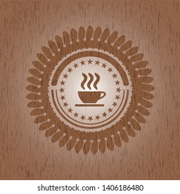 coffee cup icon inside realistic wooden emblem