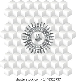 coffee cup icon inside realistic grey emblem with cube white background