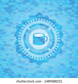 coffee cup icon inside realistic sky blue emblem. Mosaic background