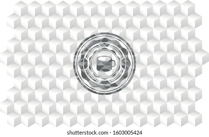 coffee cup icon inside realistic grey emblem with geometric cube white background