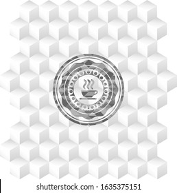 coffee cup icon inside realistic grey emblem with cube white background