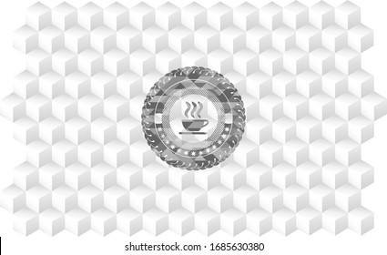 coffee cup icon inside realistic grey emblem with geometric cube white background