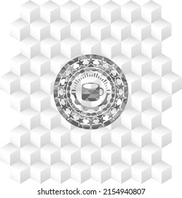 coffee cup icon inside realistic grey emblem with cube white background. 