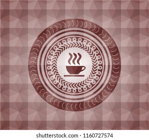 coffee cup icon inside red seamless geometric badge.