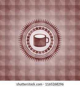 coffee cup icon inside red seamless badge with geometric pattern background.