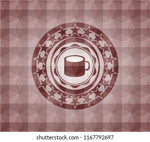 coffee cup icon inside red emblem with geometric pattern background. Seamless.