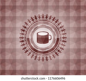 coffee cup icon inside red seamless badge with geometric pattern background.