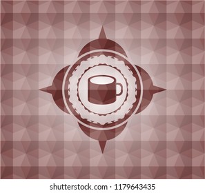 coffee cup icon inside red seamless emblem with geometric background.