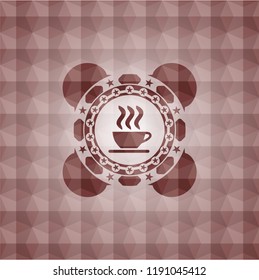 coffee cup icon inside red seamless emblem with geometric pattern.