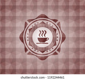 coffee cup icon inside red badge with geometric pattern background. Seamless.