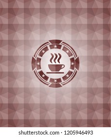 coffee cup icon inside red seamless badge with geometric pattern background.