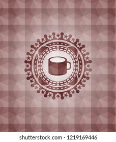 coffee cup icon inside red seamless geometric pattern emblem. Seamless.