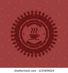 coffee cup icon inside red emblem. Retro