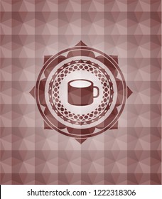 coffee cup icon inside red geometric pattern emblem. Seamless.