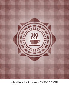 coffee cup icon inside red emblem with geometric background. Seamless.