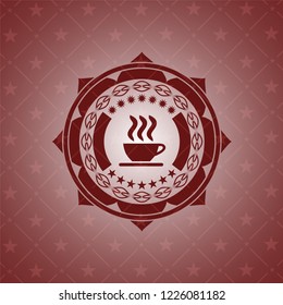 coffee cup icon inside red emblem. Retro