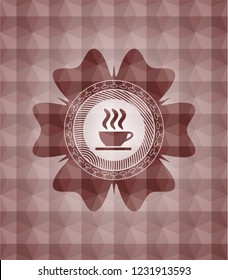 coffee cup icon inside red badge with geometric background. Seamless.