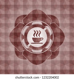 coffee cup icon inside red emblem or badge with abstract geometric polygonal pattern background. Seamless.