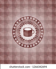 coffee cup icon inside red seamless emblem with geometric pattern background.