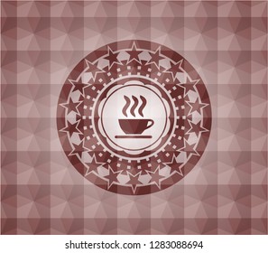 coffee cup icon inside red seamless geometric emblem.