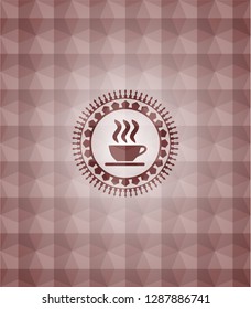 coffee cup icon inside red seamless geometric badge.