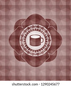 coffee cup icon inside red emblem or badge with abstract geometric polygonal pattern background. Seamless.