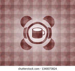 coffee cup icon inside red geometric pattern emblem. Seamless.