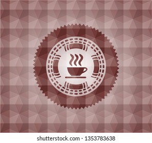 coffee cup icon inside red emblem or badge with abstract geometric polygonal pattern background. Seamless.