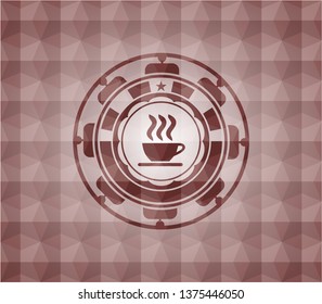 coffee cup icon inside red emblem with geometric pattern. Seamless.