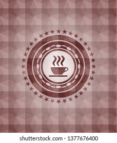 coffee cup icon inside red seamless emblem or badge with abstract geometric polygonal pattern background.