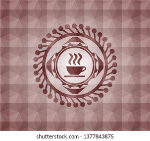 coffee cup icon inside red seamless badge with geometric background.